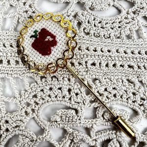 Vintage Stick Pin Apple Cross Stitch Gold Tone Jewelry Teacher Gift Lapel Brooch